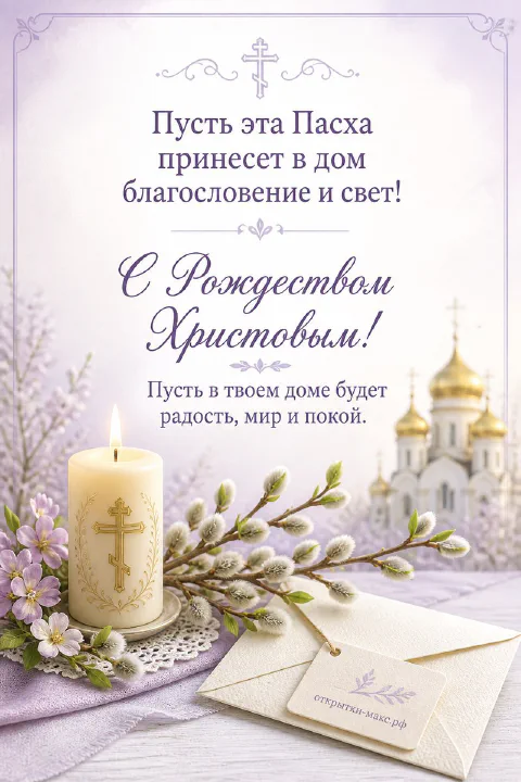 Горящая пасхальная свеча с крестом, ветви вербы, конверт и золотые купола церкви