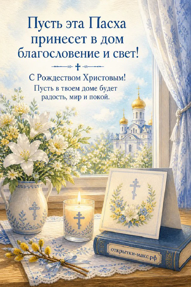 Горящая пасхальная свеча с крестом, ветви вербы, конверт и золотые купола церкви — вариант 3