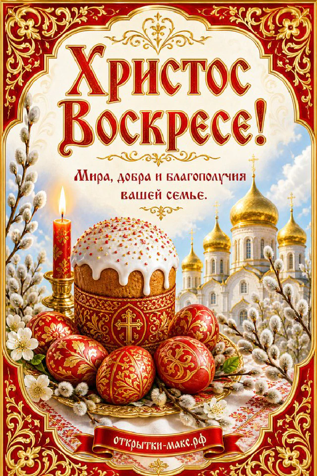 Кулич с глазурью и красными пасхальными яйцами рядом со свечой на фоне золотых куполов — вариант 3