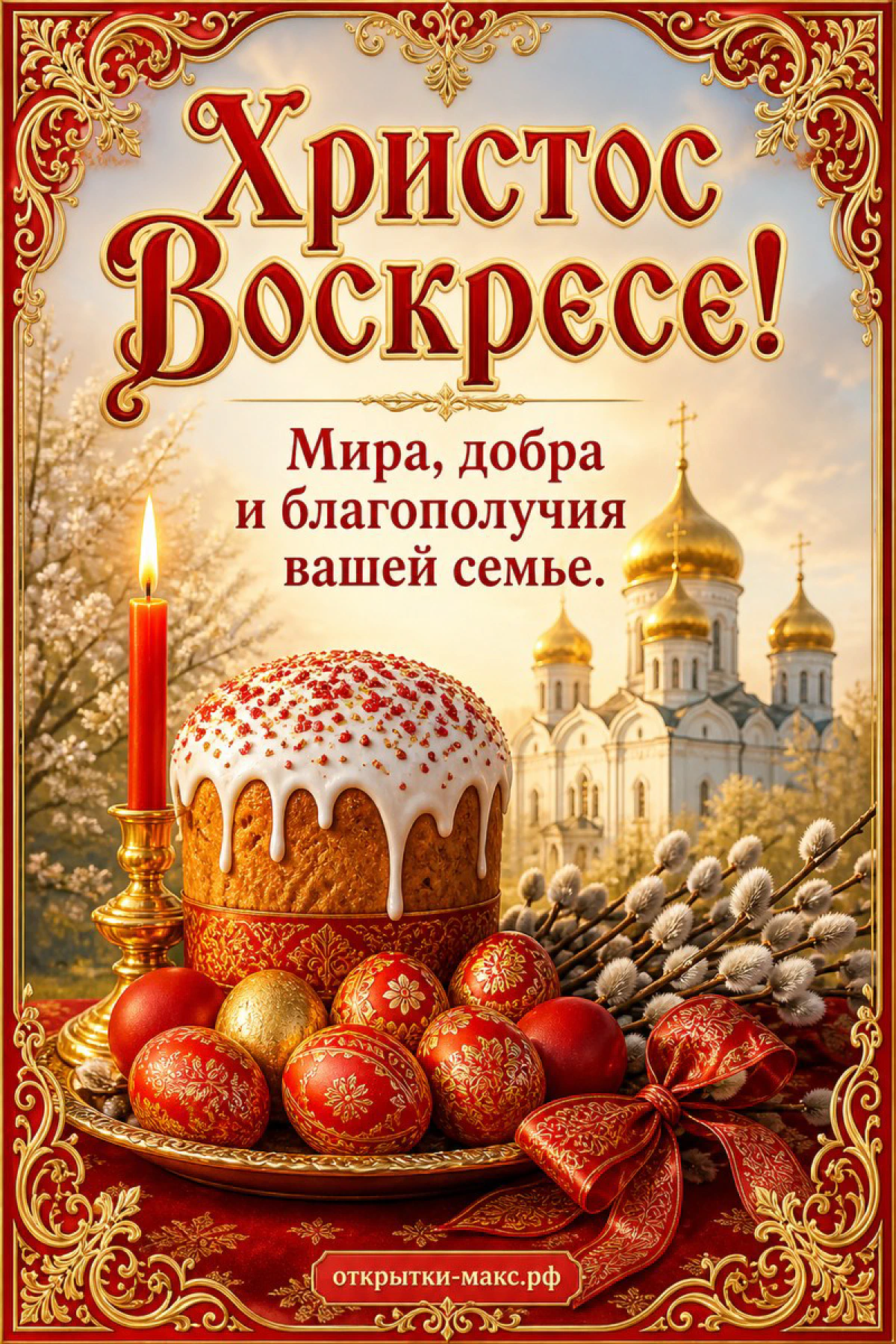 Кулич с глазурью и красными пасхальными яйцами рядом со свечой на фоне золотых куполов
