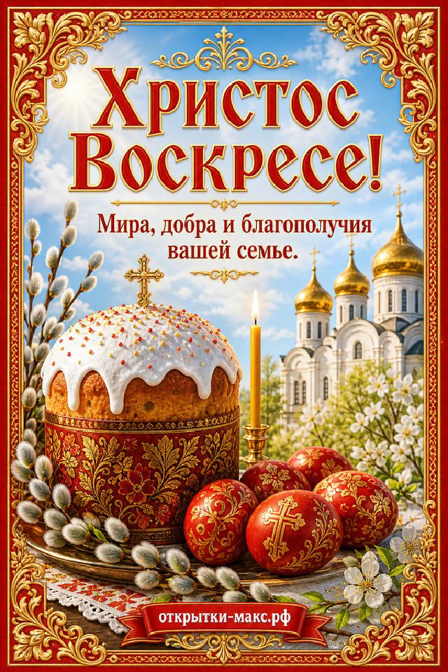 Кулич с глазурью и красными пасхальными яйцами рядом со свечой на фоне золотых куполов — вариант 2