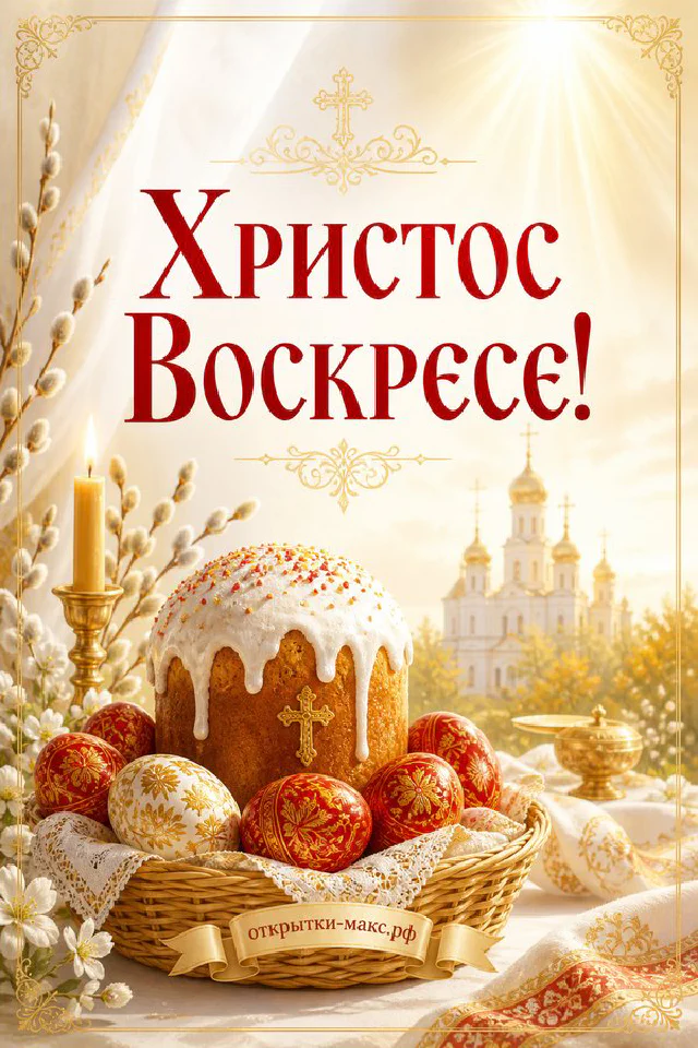 Пасхальный кулич с крестом и яйцами на вышитом полотенце на фоне православного храма с золотыми куполами, надпись Христос Воскресе — вариант 2