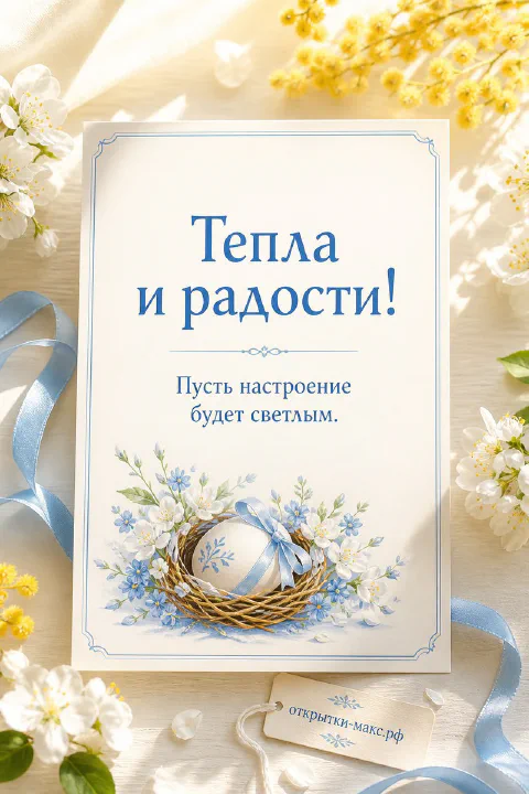 Голубое пасхальное яйцо с голубой лентой в цветочном гнезде на фоне белых и жёлтых весенних цветов — открытка-карточка
