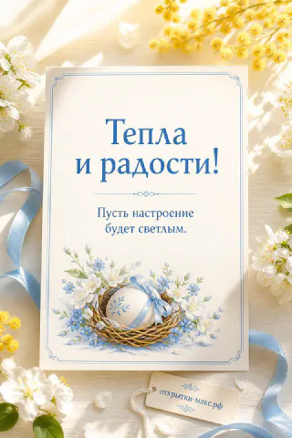 Голубое пасхальное яйцо с голубой лентой в цветочном гнезде на фоне белых и жёлтых весенних цветов — открытка-карточка