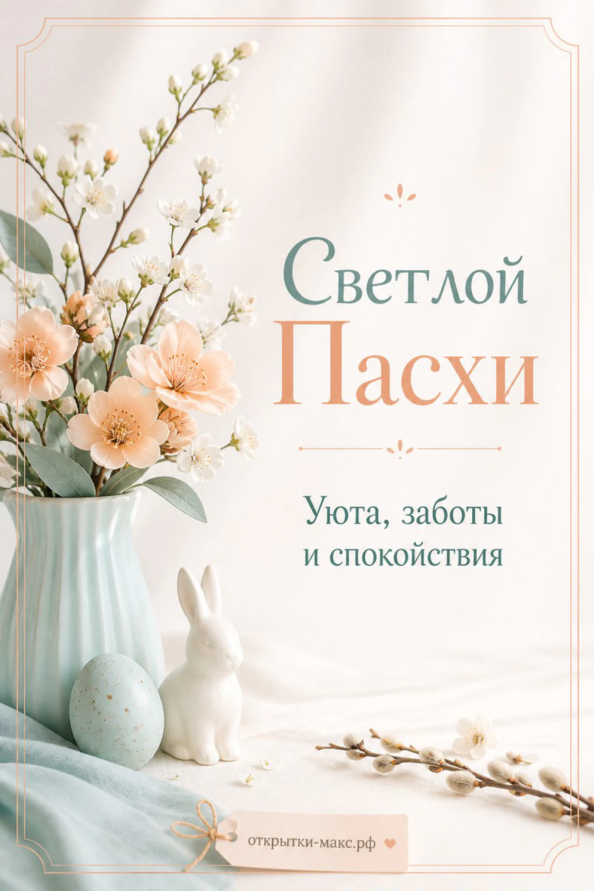 Белый фарфоровый кролик рядом с вазой персиковых цветов и пасхальным яйцом на светлом фоне с ветками вербы