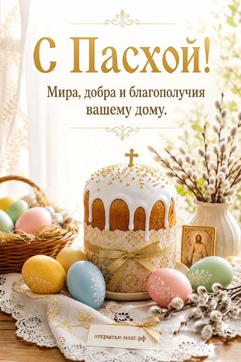 Кулич с золотым крестом и белой глазурью, пастельные пасхальные яйца, верба в вазе и икона на пасхальном столе
