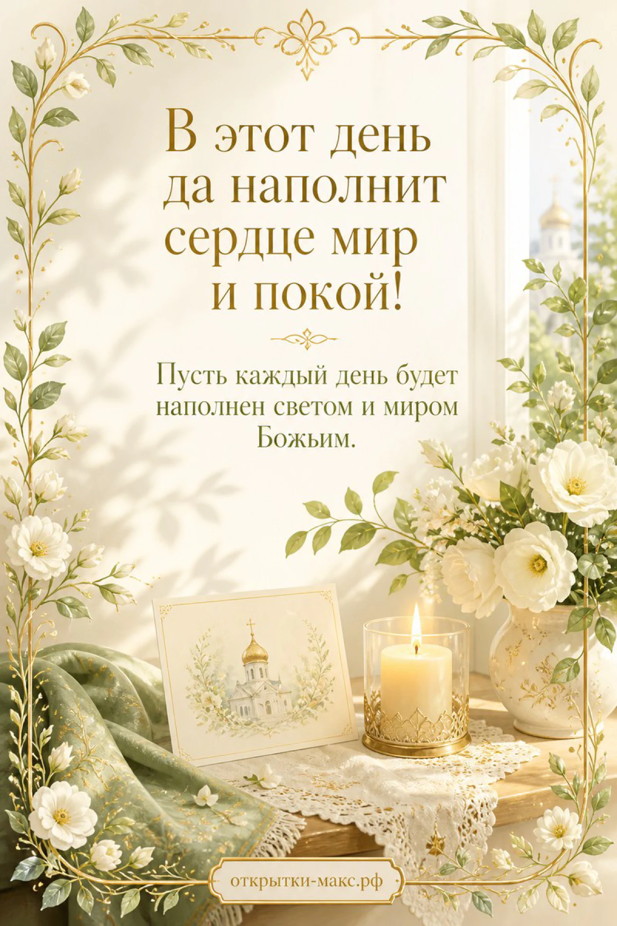 Пасхальная открытка с горящей свечой, образком храма и белыми цветами в золотой рамке