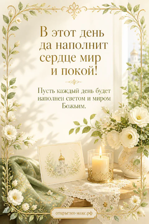 Пасхальная открытка с горящей свечой, образком храма и белыми цветами в золотой рамке