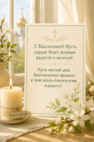 Белая свеча с православным крестом рядом с белыми цветами у окна с куполами храма на заднем плане, пасхальная открытка-карточка
