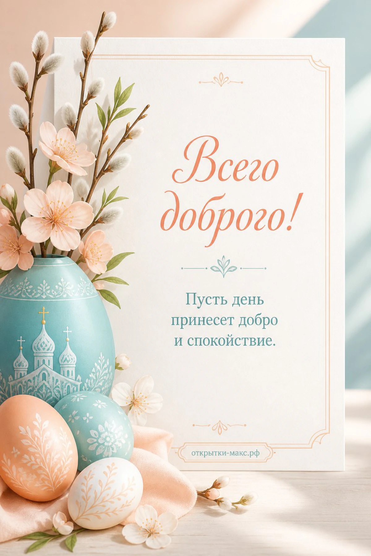 Пасхальная открытка с расписными яйцами, вербой и нежными цветами в вазе