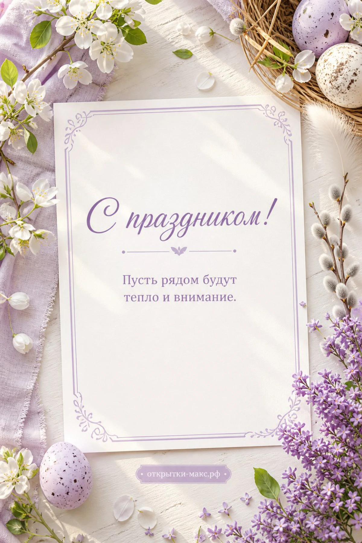 Пасхальные яйца лилового цвета в гнезде рядом с цветами сирени, вербой и белыми весенними цветами на светлом лиловом фоне
