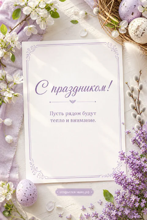 Пасхальные яйца лилового цвета в гнезде рядом с цветами сирени, вербой и белыми весенними цветами на светлом лиловом фоне