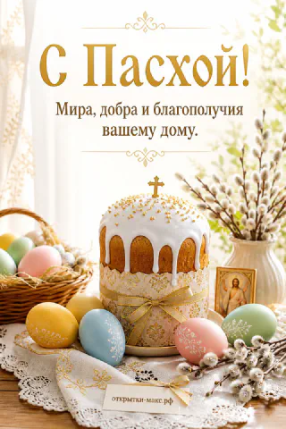 Пасхальный кулич, крашеные яйца, верба и светлая открытка