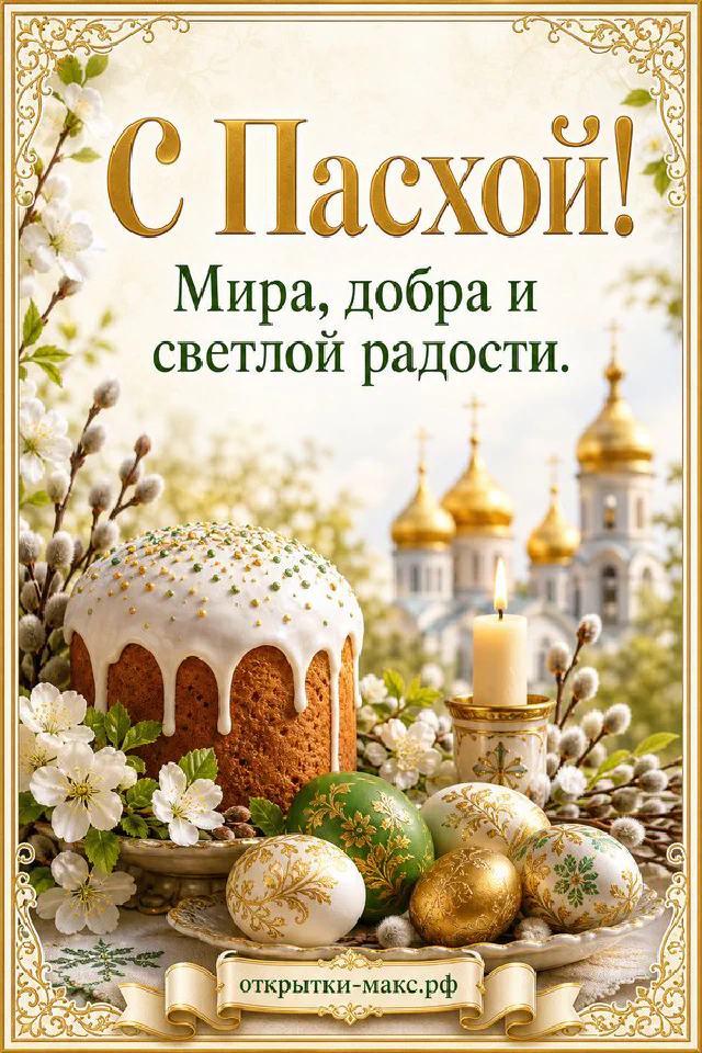Пасхальный кулич с куполом-крестом, расписные яйца, верба и силуэт православного храма с надписью «С Пасхой!» — вариант 2
