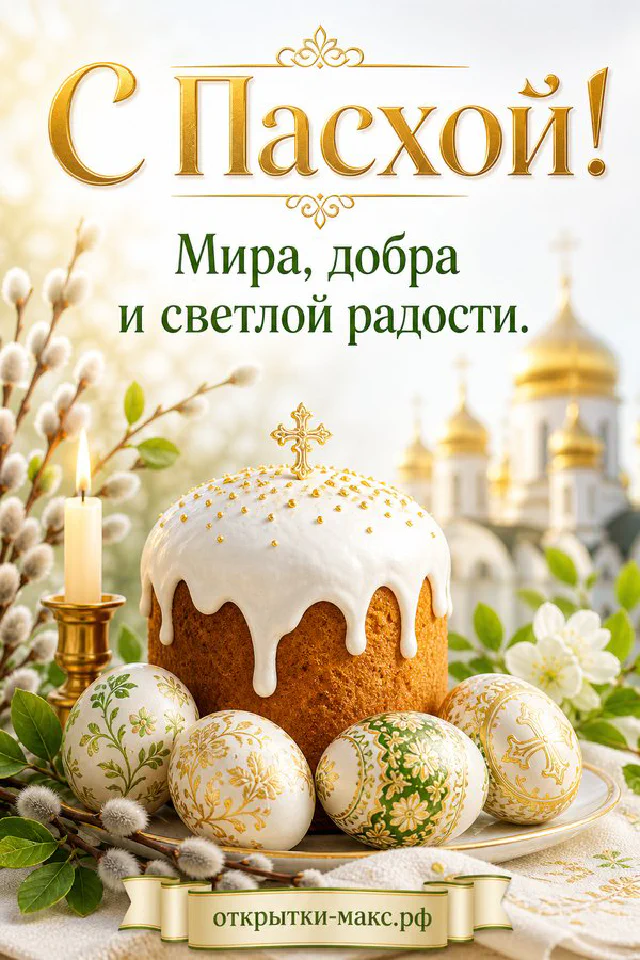 Пасхальный кулич с куполом-крестом, расписные яйца, верба и силуэт православного храма с надписью «С Пасхой!» — вариант 4
