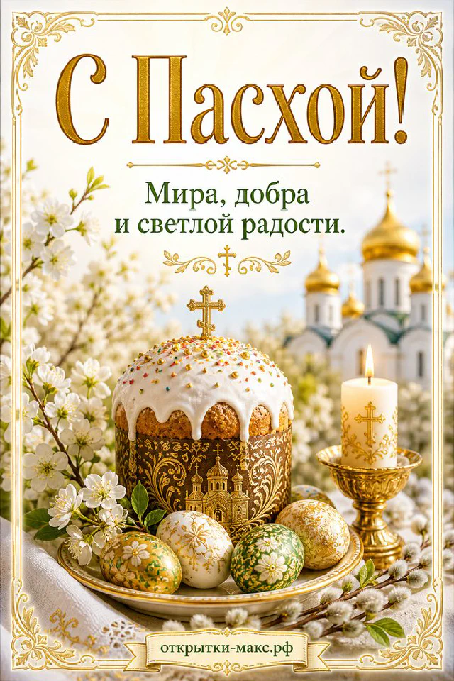Пасхальный кулич с куполом-крестом, расписные яйца, верба и силуэт православного храма с надписью «С Пасхой!» — вариант 6