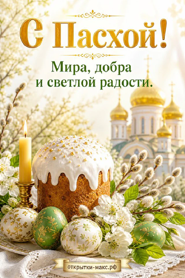 Пасхальный кулич с куполом-крестом, расписные яйца, верба и силуэт православного храма с надписью «С Пасхой!» — вариант 3