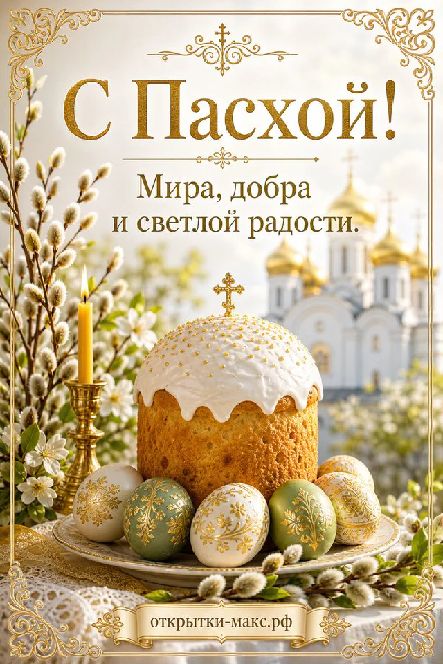 Пасхальный кулич с куполом-крестом, расписные яйца, верба и силуэт православного храма с надписью «С Пасхой!» — вариант 5