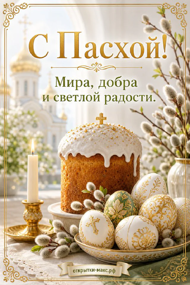 Пасхальный кулич с куполом-крестом, расписные яйца, верба и силуэт православного храма с надписью «С Пасхой!» — вариант 7