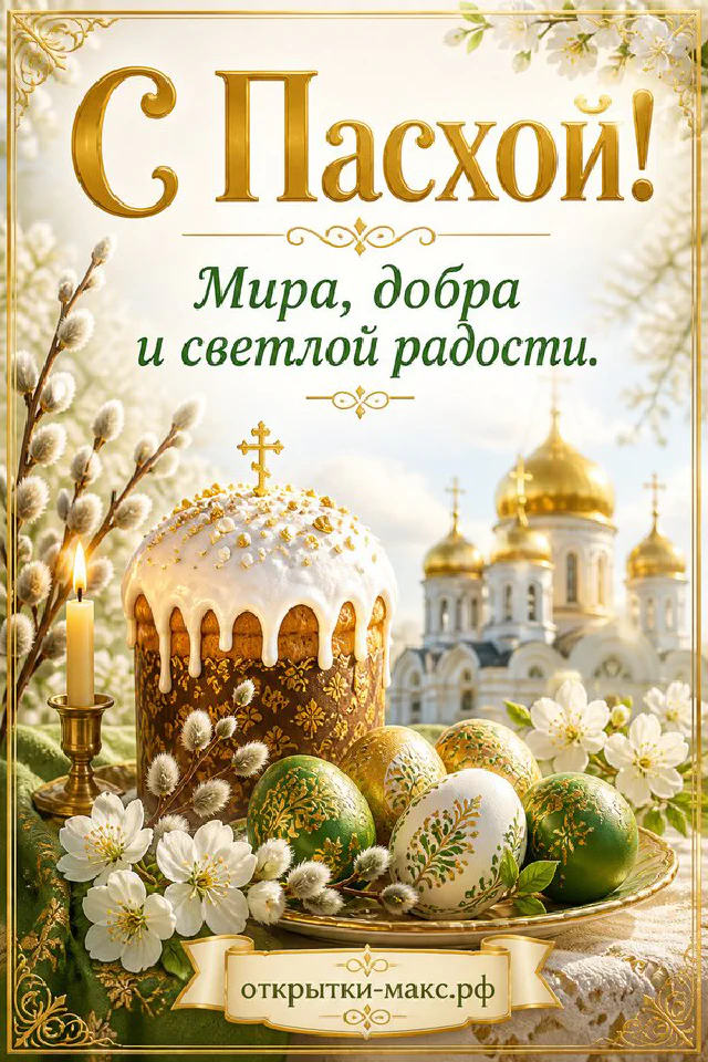 Пасхальный кулич с куполом-крестом, расписные яйца, верба и силуэт православного храма с надписью «С Пасхой!» — вариант 8