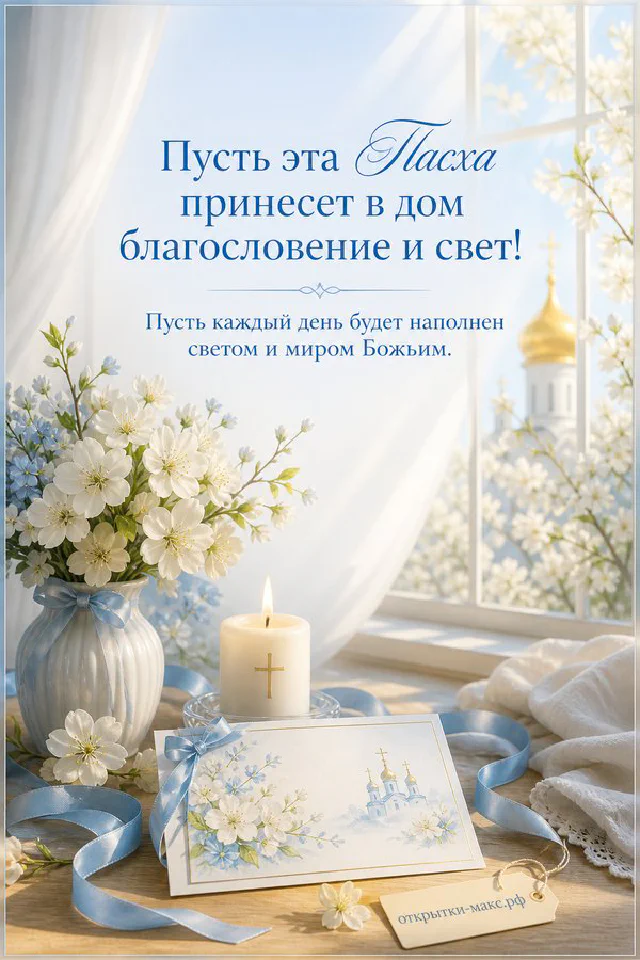 Белая пасхальная свеча с крестом в подсвечнике, ветви вербы и крокусы на фоне церкви — вариант 2