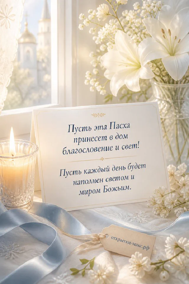 Белая пасхальная свеча с крестом в подсвечнике, ветви вербы и крокусы на фоне церкви — вариант 3