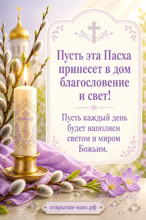 Белая пасхальная свеча с крестом в подсвечнике, ветви вербы и крокусы на фоне церкви