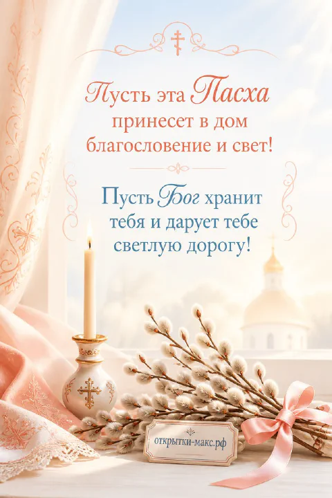 Золотой подсвечник со свечой и ветки вербы на фоне светлого окна с церковью, надпись Пасха и пожелание благословения