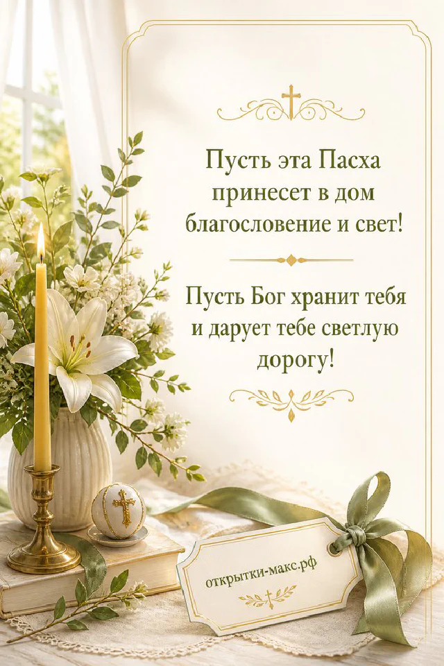 Золотой подсвечник со свечой и ветки вербы на фоне светлого окна с церковью, надпись Пасха и пожелание благословения — вариант 2