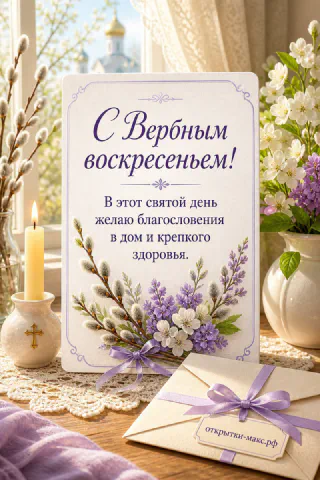 Открытка с текстом «С Вербным воскресеньем» на деревянном столе, рядом свеча, верба, белые и лиловые цветы и конверт с лиловой лентой
