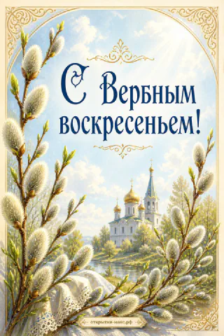 Ветки вербы с пушистыми серёжками на фоне православного храма с золотыми куполами, надпись «С Вербным воскресеньем»