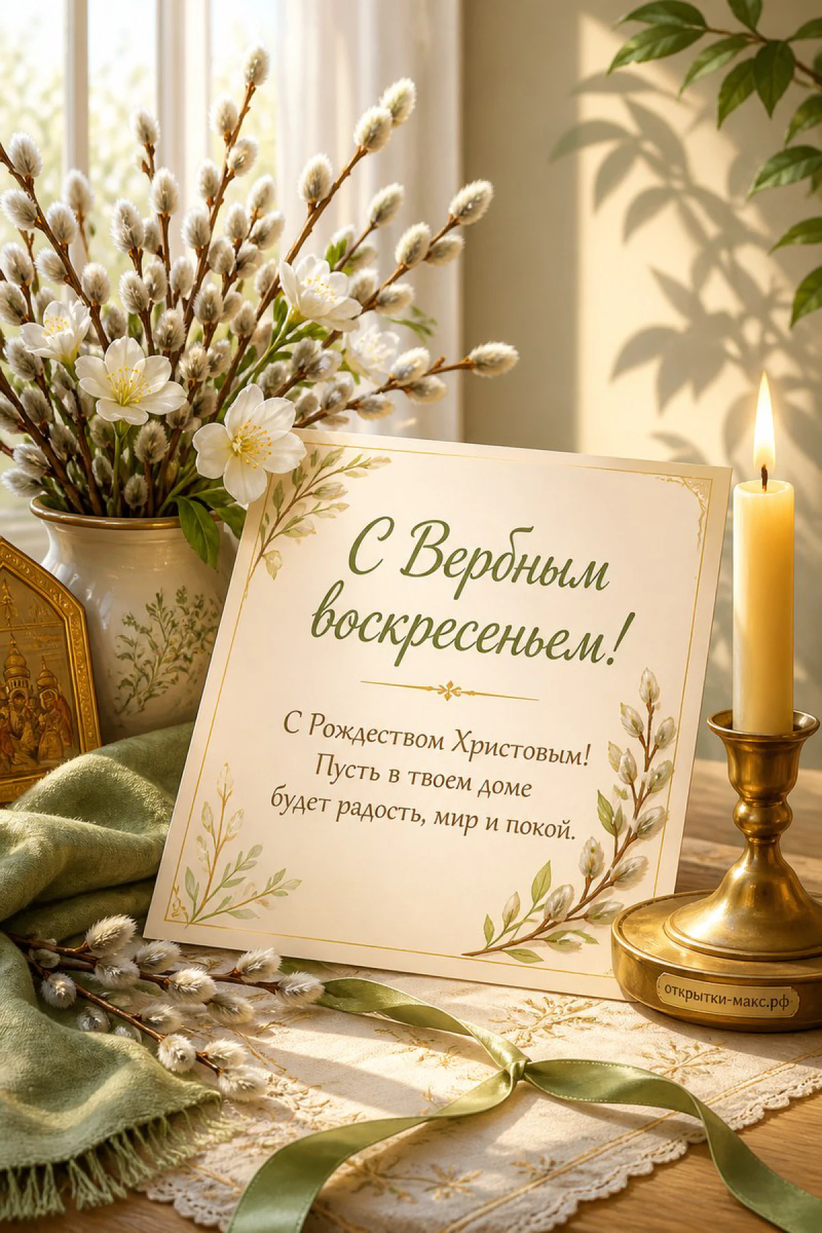 Открытка «С Вербным воскресеньем» на деревянном столе рядом с золотым подсвечником, вербой и белыми цветами в зелёных тонах