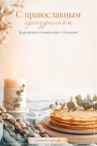 Горящая свеча, стопка блинов и ветки вербы на бежевом фоне с надписью «С православным праздником»