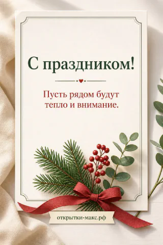 Еловые ветки с красными ягодами рябины, розмарином и красным бантом на кремовом фоне