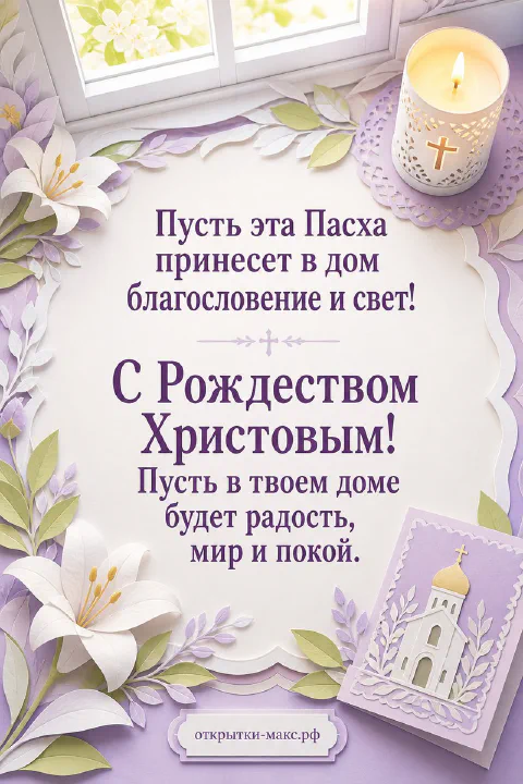 Горящая свеча с крестом, белые лилии, сиреневые цветы и образ церкви с надписью С Рождеством Христовым