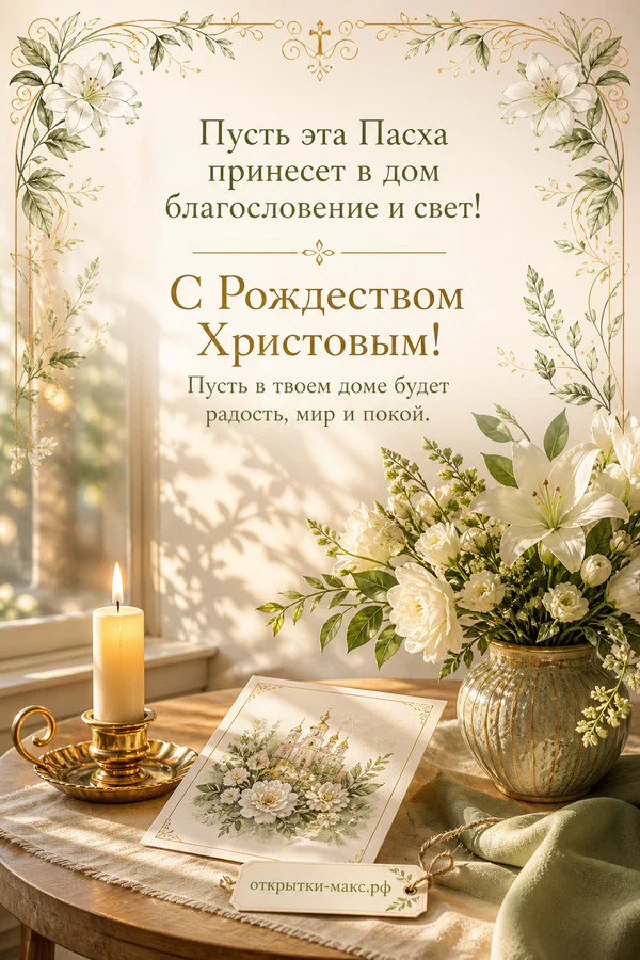 Горящая свеча с крестом, белые лилии, сиреневые цветы и образ церкви с надписью С Рождеством Христовым — вариант 2