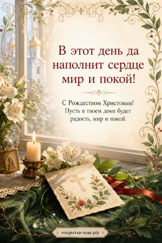 Книга с крестом и горящая свеча в подсвечнике на фоне зелёных листьев и куполов храма за окном на рождественской открытке