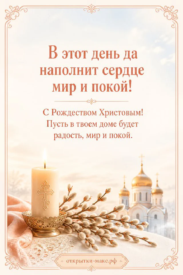 Книга с крестом и горящая свеча в подсвечнике на фоне зелёных листьев и куполов храма за окном на рождественской открытке — вариант 2