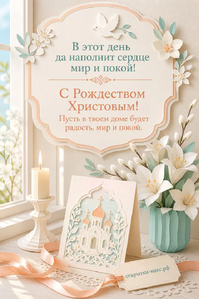Книга с крестом и горящая свеча в подсвечнике на фоне зелёных листьев и куполов храма за окном на рождественской открытке — вариант 3