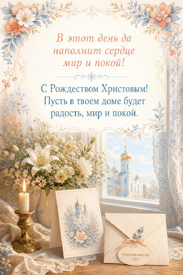 Книга с крестом и горящая свеча в подсвечнике на фоне зелёных листьев и куполов храма за окном на рождественской открытке — вариант 4