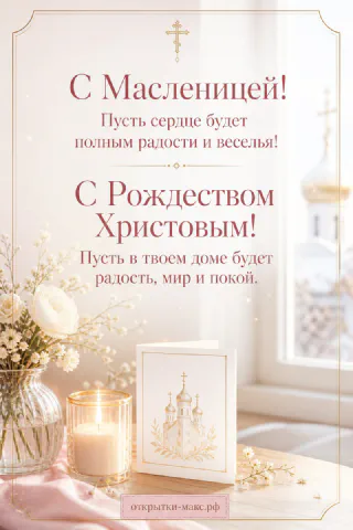 Горящая свеча в подсвечнике рядом с иконой с изображением храма и белыми цветами на рождественской открытке