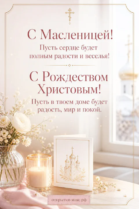 Горящая свеча в подсвечнике рядом с иконой с изображением храма и белыми цветами на рождественской открытке