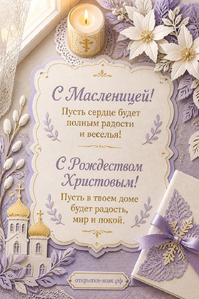 Горящая свеча в подсвечнике рядом с иконой с изображением храма и белыми цветами на рождественской открытке — вариант 2