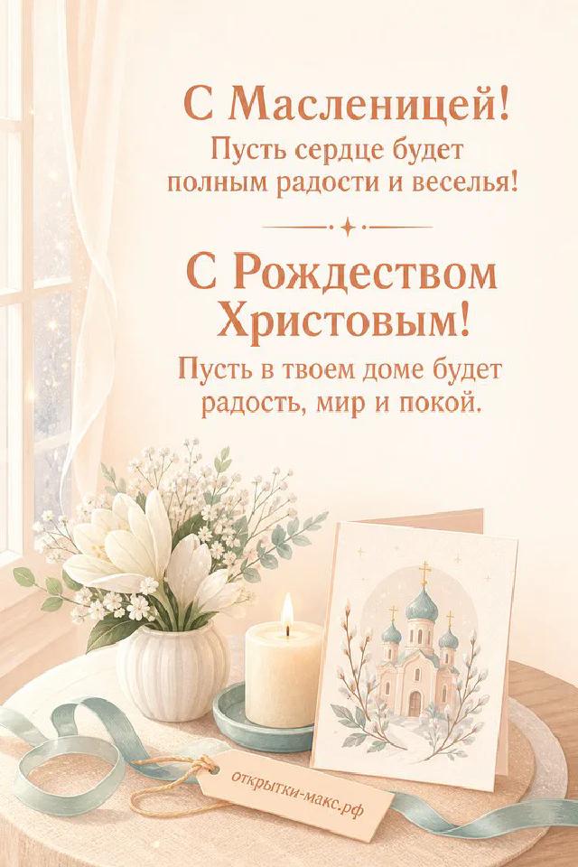 Горящая свеча в подсвечнике рядом с иконой с изображением храма и белыми цветами на рождественской открытке — вариант 3