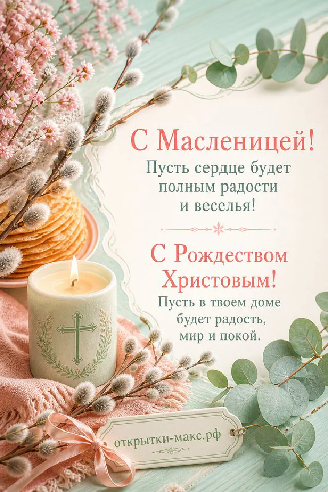 Горящая свеча в подсвечнике рядом с иконой с изображением храма и белыми цветами на рождественской открытке — вариант 4