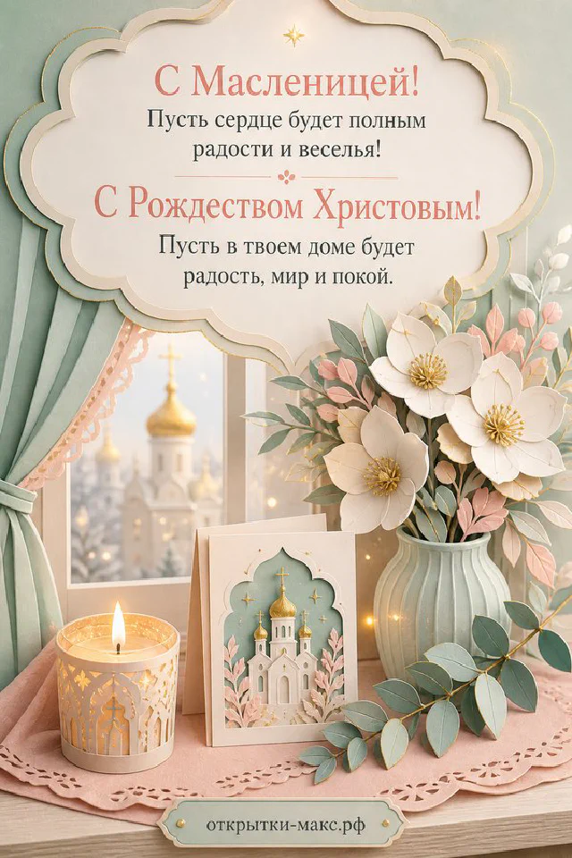 Горящая свеча в подсвечнике рядом с иконой с изображением храма и белыми цветами на рождественской открытке — вариант 5