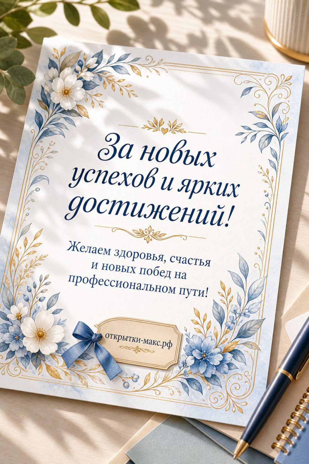 Открытка с белыми и голубыми цветами в золотой рамке и текстом поздравления медику