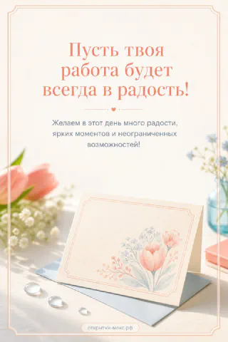 Розовые тюльпаны в стакане с водой рядом с маленьким конвертом с цветочным рисунком на светлом фоне