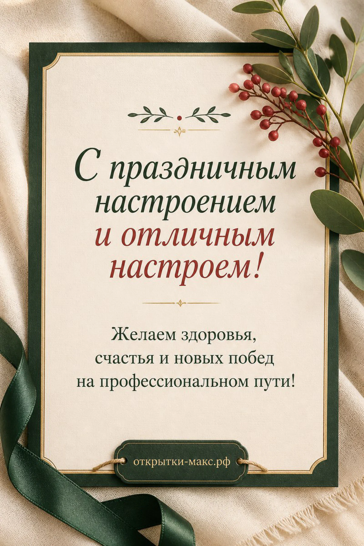 Открытка с Днём медика в тёмно-зелёной рамке с красными ягодами и ветками на льняном фоне