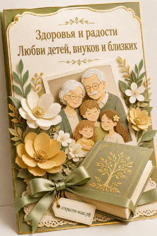 Бумажный коллаж с улыбающимися бабушкой и дедушкой в окружении внуков, цветов и семейной книги